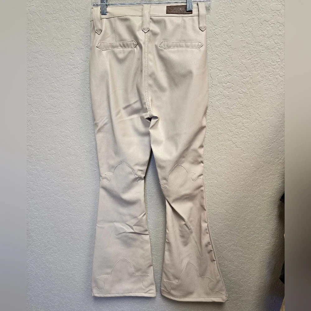 Rock & Roll Denim HIGH RISE EXTRA STRETCH FLARE FAUX LEATHER PANTS in Ivory - Picture 8 of 14